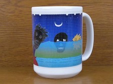 NUOVA tazza caffè originale arte sole luna teschio disegno blu firmata 15 oz ceramica