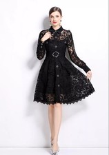 Vestito Pizzo Donna Elegante Nero A Maniche Lunghe Con Cintura Vita Stretta