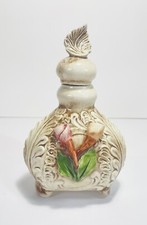 Vtg Capodimonte Italy Porcelain Footed Coverd Jar Decanter with 3D Flower 6.75”