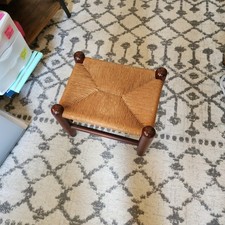Sgabello vintage legno/rush top bohemien rustico arredamento casale anni '50 poggiapiedi