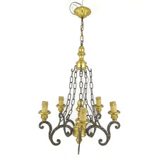 LAMPADARIO ANTICO LEGNO DORATO E FERRO BATTUTO 5 FIAMME VS