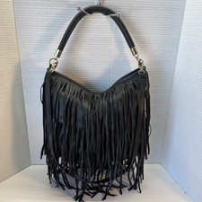 Borsa a secchiello H&M in pelle nera con frange borsa a mano tracolla boho con zip nuova senza etichette!!!