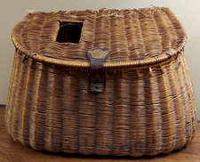 Cestino da pescatore vintage in vimini e cuoio trota/mosca CREEL