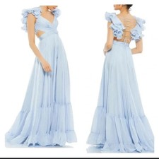 Abito Mac Duggal blu cipria rosetta chiffon ritaglio vita impero taglia 2 $598