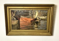 Dipinto olio originale autentico Nicolas De Corsi porto con barche navi 