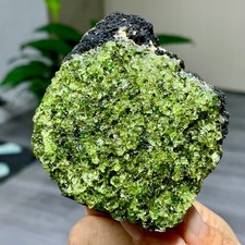 Esemplare di roccia olivina naturale 261G deposita su pietra lavica peridoto nero