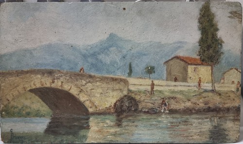 Fiume con ponte olio su - -,