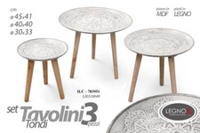 SET 3 TAVOLINI TAVOLO PIEDI LEGNO SALOTTO GIARDINO DECORATI CLASSICO Ø45-40-30