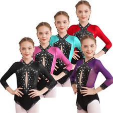 Kids Girls Rhythmic Gymnastic Dance Leotard Mesh Patchwork Bodysuit Ice Skating 
