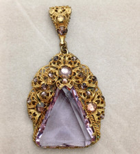 CIONDOLO ART DECO' ANTICO FILIGRANA DORATA E CRISTALLO LILLA