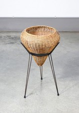 ⚜️ FIORIERA CESTO VIMINI RATTAN DESIGN ITALIA 1950 PORTA VASI CACHEPOT TREPPIEDE
