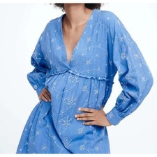 Abito cottage blu ricamato cotone ZARA taglia XS