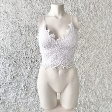 TOP CORTO CROP TOP CANOTTA ELEGANTE FLOREALE PIZZO SOTTOGIACCA PARTICOLARE BIANC