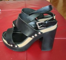 Sandali Zeppa In Cuoio Nero N.37 cinturino al tallone, doppia fascia 