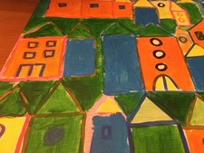 QUADRO DIPINTO  A MANO, ACRILICO SU LEGNO 25 x 59 cm "casine con finestre".