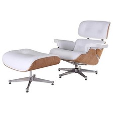 Set poltrona e pouf classico Eames legno di frassino bianco vera pelle 