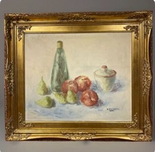 quadro vintage dipinto a olio su tela natura morta frutta con cornice dorata 900