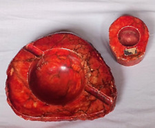 Set 2 posacenere rustico vintage MCM in alabastro italiano intagliato a mano pietra rossa ciotola ovale