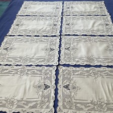 Set vintage 8 tovagliette ricamate e intarsiate + 8 tovaglioli lino 44x30 cm