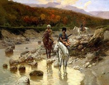 Oil painting Franz Roubaud Cossacks in the mountain river horsemen Hand painted