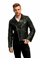 Giubbotto pelle uomo biker moto giubbino morbido pelle di agnello corto slim fit