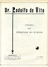 " Dr. Rodolfo de Vita - GENOVA (1940 ) : FISCOLI PER SPREMITURA OLI DI OLIVA " 