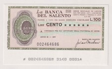 Miniassegni  BANCA del SALENTO - 100 lire  18.01.77  Rif. BDS 3
