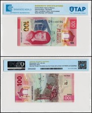 Messico 100 pesos, 2022, P-134h.1, UNC, polimero, autenticato