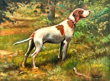 Dipinto Olio Tela Cane Caccia Giacomo Vaccaro cm 24 x 18