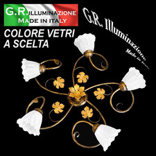 PLAFONIERA IN FERRO BATTUTO 5 LUCI BRUNITO E ORO LAMPADARIO DA SOFFITTO Autunno