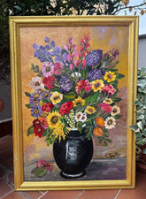 DIPINTO AD OLIO SU PANNELLO - NATURA MORTA - VASO DI FIORI PRIMAVERILI - FIRMATO
