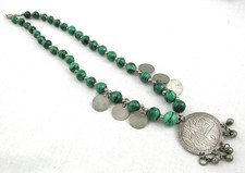 VINTAGE COLLANA TRIBALE AFGANISTAN IN ARGENTO ANTICO E MALACHITE 106 gr