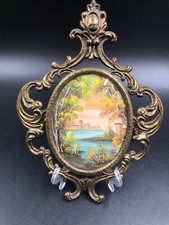 Quadro miniatura paesaggio Castello in ovale firmato BARY cornice ottone