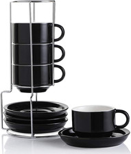 Home Tazzine Da Caffè in Porcellana Con Piattini, 120 Ml Impilabili, Con Support