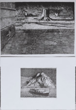 Incisioni arte moderna Aurelio Bertoni Lovere imbarcazione e caseggiato