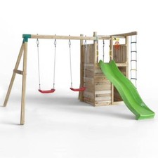 Parco giochi in legno Fungoo Houser con scivolo, due altalene e arrampicata