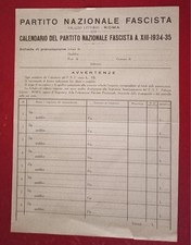 SCHEDA PRENOTAZIONE ( 19x26cm ) CALENDARIO DEL PARTITO FASCISTA 1934/1935