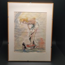 Acquerello originale anni ’50, Pin-up nuda su bilancia vintage firmata