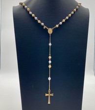 COLLANA ROSARIO IN ORO GIALLO E BIANCO 18KT 750 CROCE GESU' E MADONNA GRANI 18CT
