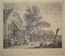 Stampa antica old print taverna flemish tavern gravure Le Bas 1745 radierung