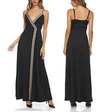 Abito lungo donna vestito nero con spacco profilo in lurex spalline nuovo