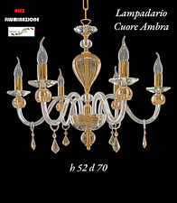 LAMPADARIO CRISTALLO 5 LUCI  CUORE AMBRA SOFFIATO  SOSPENSIONE ARTIGIANALE  