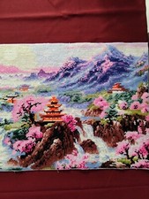 Quadro Ricamo Punto Croce Artigianale 90x35 Paesaggio Orientale con cornice