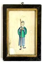 Quadro antico orientale cinese acquerello midollo carta artigiani uomo