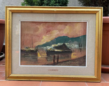 DIPINTO OLIO SU TELA - PAESAGGIO DI MARE CON BARCHE -  42X54