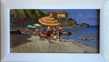 GIACOMO VACCARO - BAGNANTI - Olio su Tavola cm 20x40 - Marina- CON CORNICE