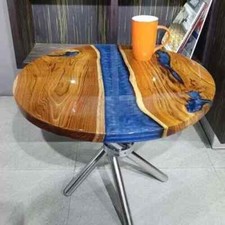 Tavolo da caffetteria e bar in resina epossidica blu tavolo piano fatto a mano in legno di acacia