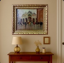 quadro dipinto a olio su tela paesaggio Venezia con cornice oro in stile antico