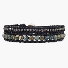 Bracciale Chan Luu Africano Turchese Misto Perline Pelle Nera Doppio Avvolgimento Nuovo con etichette