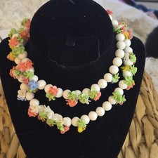 COLLANA VINTAGE Pate De Verre FRANCESE bianco VETRO PERLINE floreale LOUIS ROUSSELET? Mcm